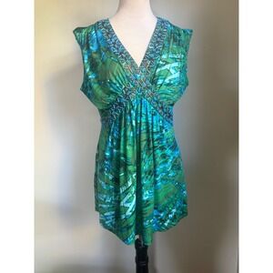 Cache y2k Green Blue Tropical Beaded V-Neck Tuscan Top M whimsi boho retro shirt